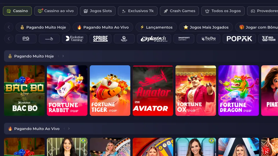 Lobby do cassino 7K: Bac Bo, Fortune Rabbit, Fortune Tiger e Aviator